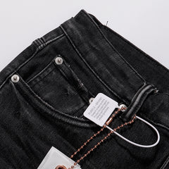 Purple‑Brand Black Faded Heavy Frayed Knee Ripped Straight Leg Jeans