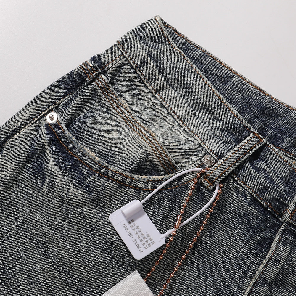 Purple‑Brand Vintage Wash Multi‑Ripped Frayed Seam Patch Wide Leg Jeans