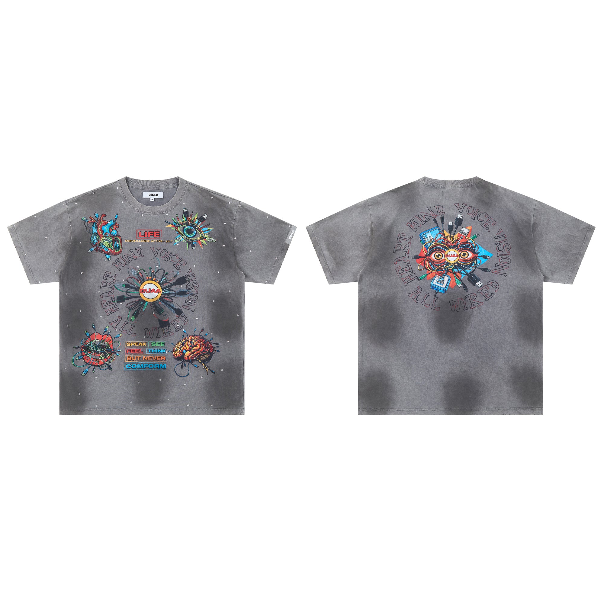 DUAA All Wired Psychedelic Organ Graphic Vintage Grey Cloud Washed T-Shirt