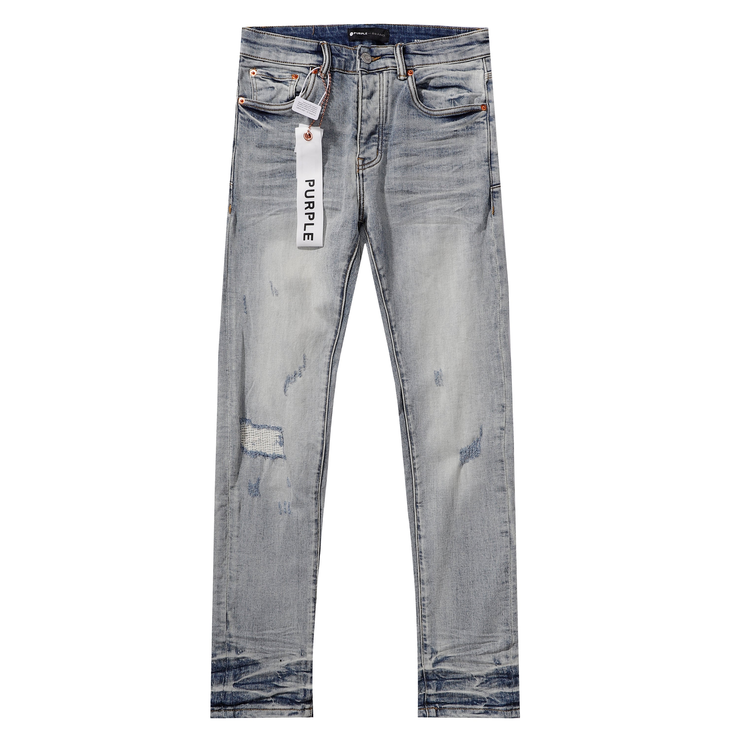Purple‑Brand Light Washed Multi‑Scratch Patch Distressed Straight Leg Jeans