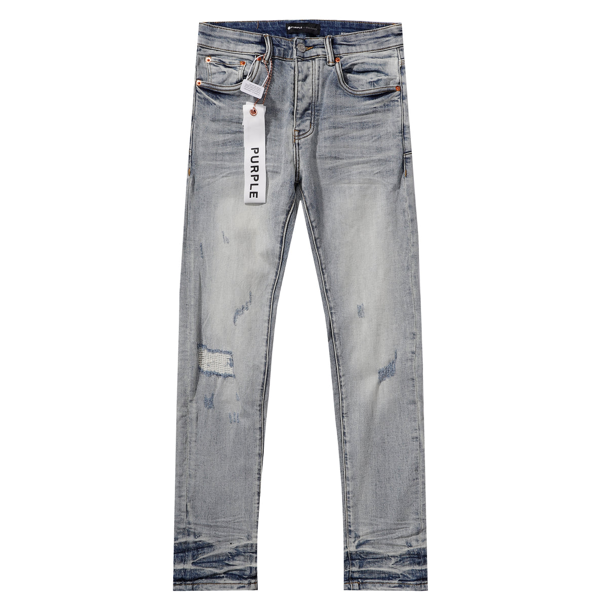 Purple‑Brand Light Washed Multi‑Scratch Patch Distressed Straight Leg Jeans