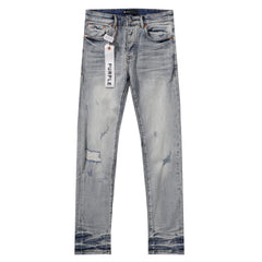 Purple‑Brand Light Washed Multi‑Scratch Patch Distressed Straight Leg Jeans