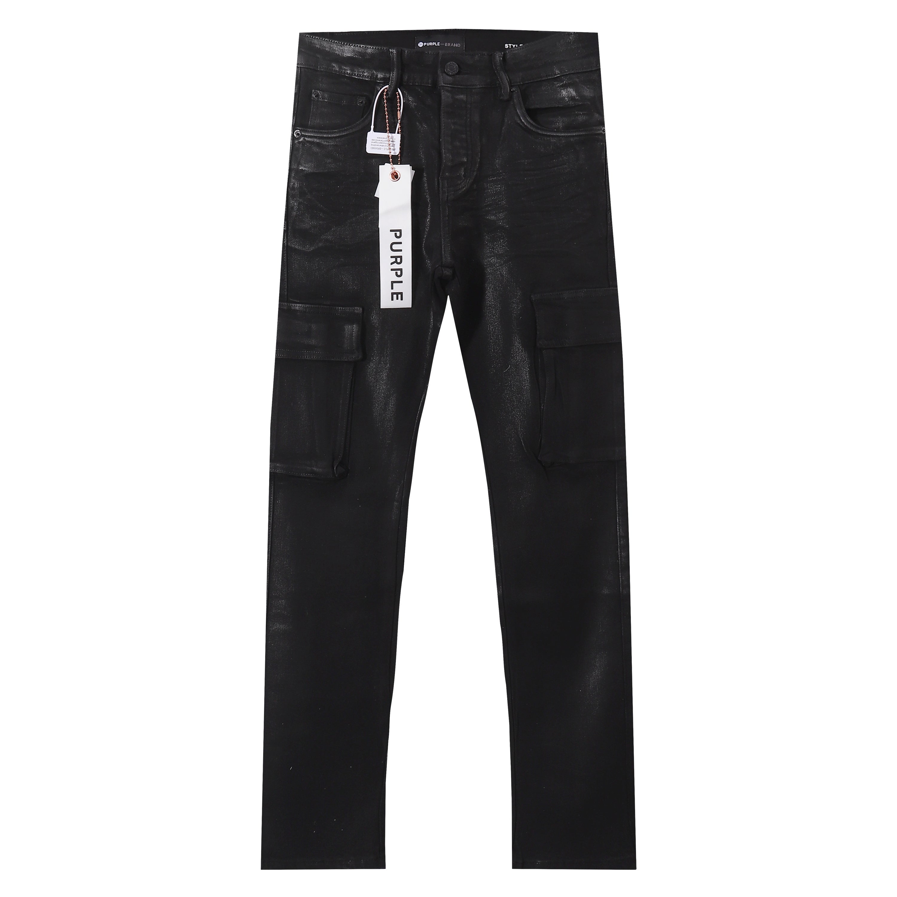 Purple‑Brand Coated Black Cargo Straight Leg Jeans