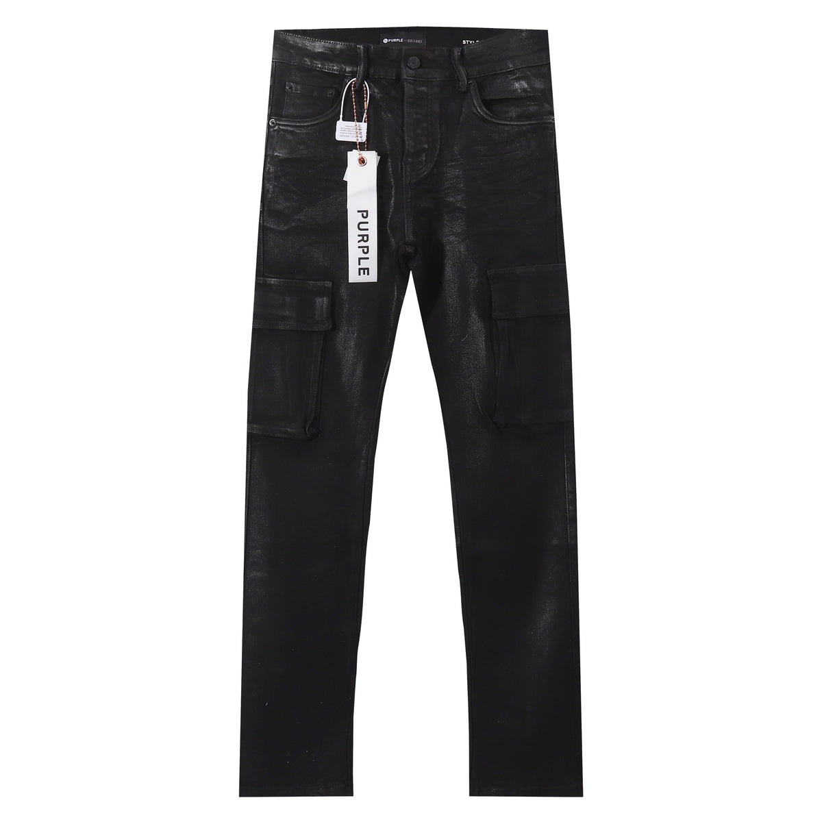 Purple‑Brand Coated Black Cargo Straight Leg Jeans