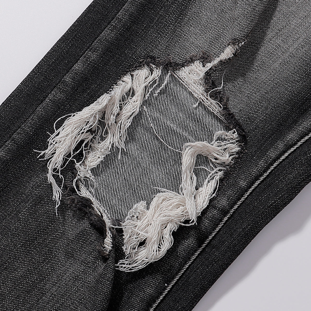 Purple‑Brand Black Faded Heavy Frayed Knee Ripped Straight Leg Jeans