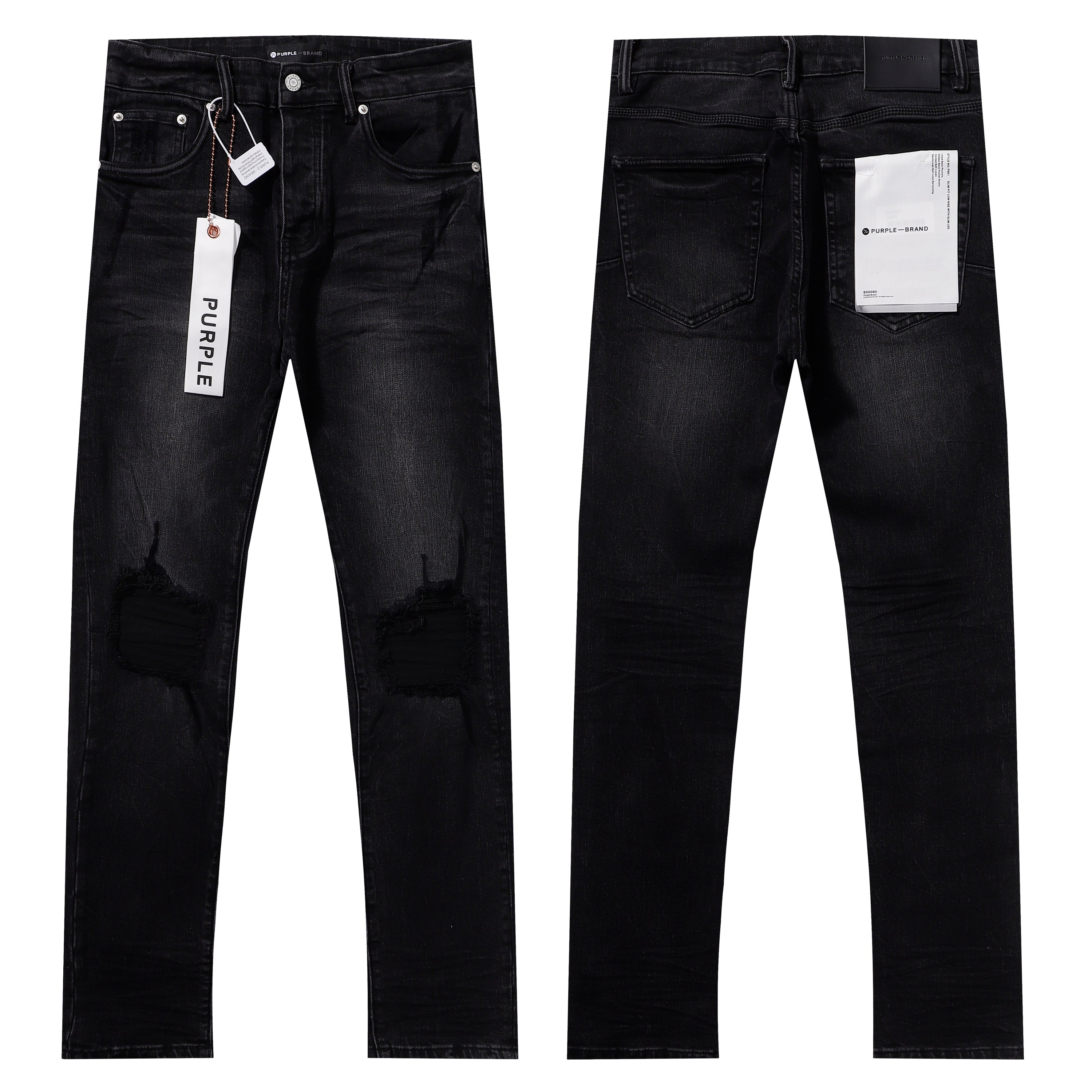 Purple‑Brand Black Washed Knee Ripped Straight Leg Jeans