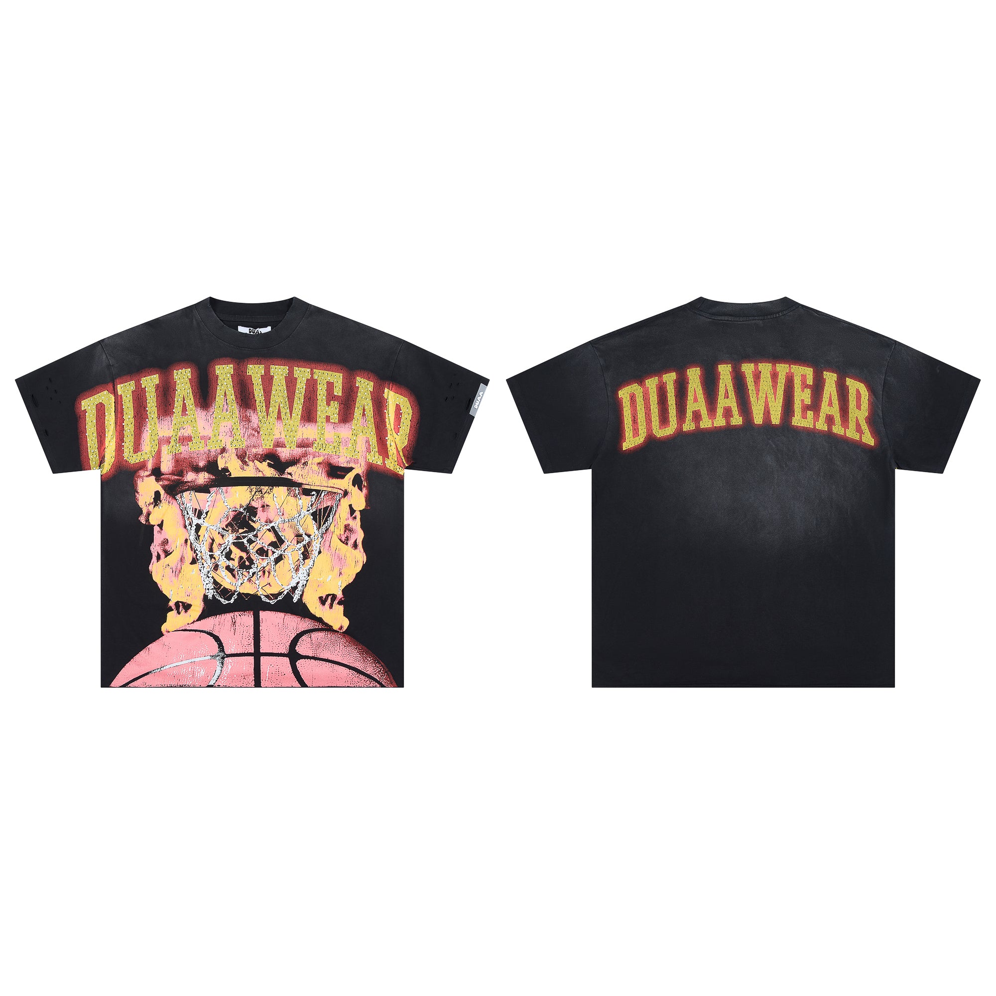 DUAAWEAR Flame Basketball Hoop Vintage Distressed Washed T-Shirt