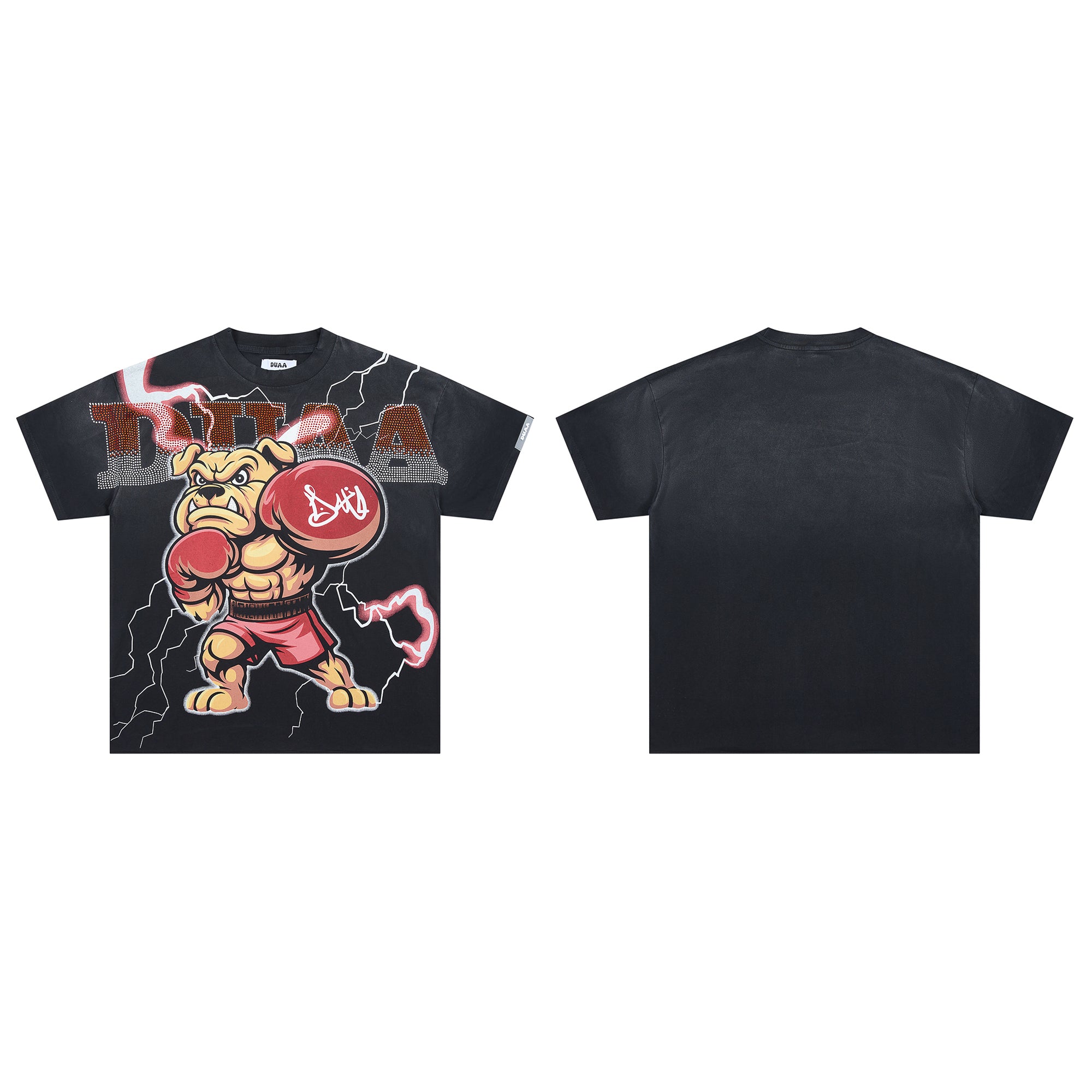 DUAA Boxing Bulldog Lightning Rhinestone Vintage Washed T-Shirt