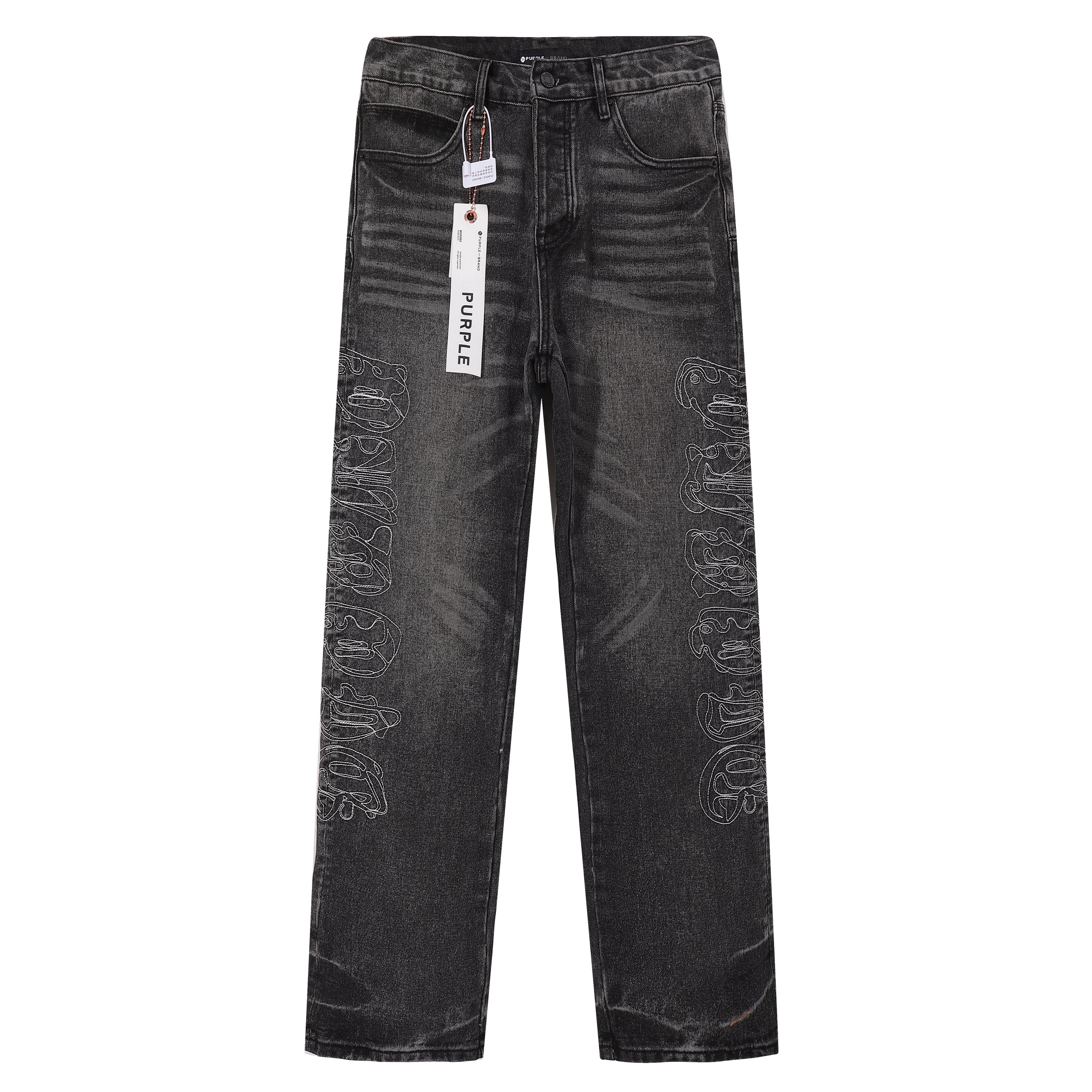 Purple‑Brand Black Washed Gothic Letter Embroidery Wide Leg Jeans