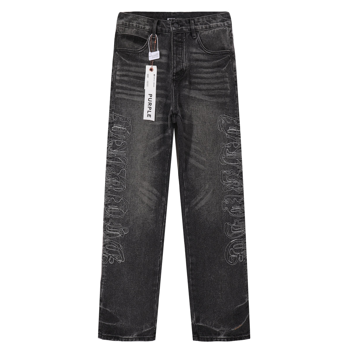Purple‑Brand Black Washed Gothic Letter Embroidery Wide Leg Jeans