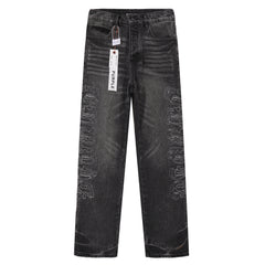 Purple‑Brand Black Washed Gothic Letter Embroidery Wide Leg Jeans