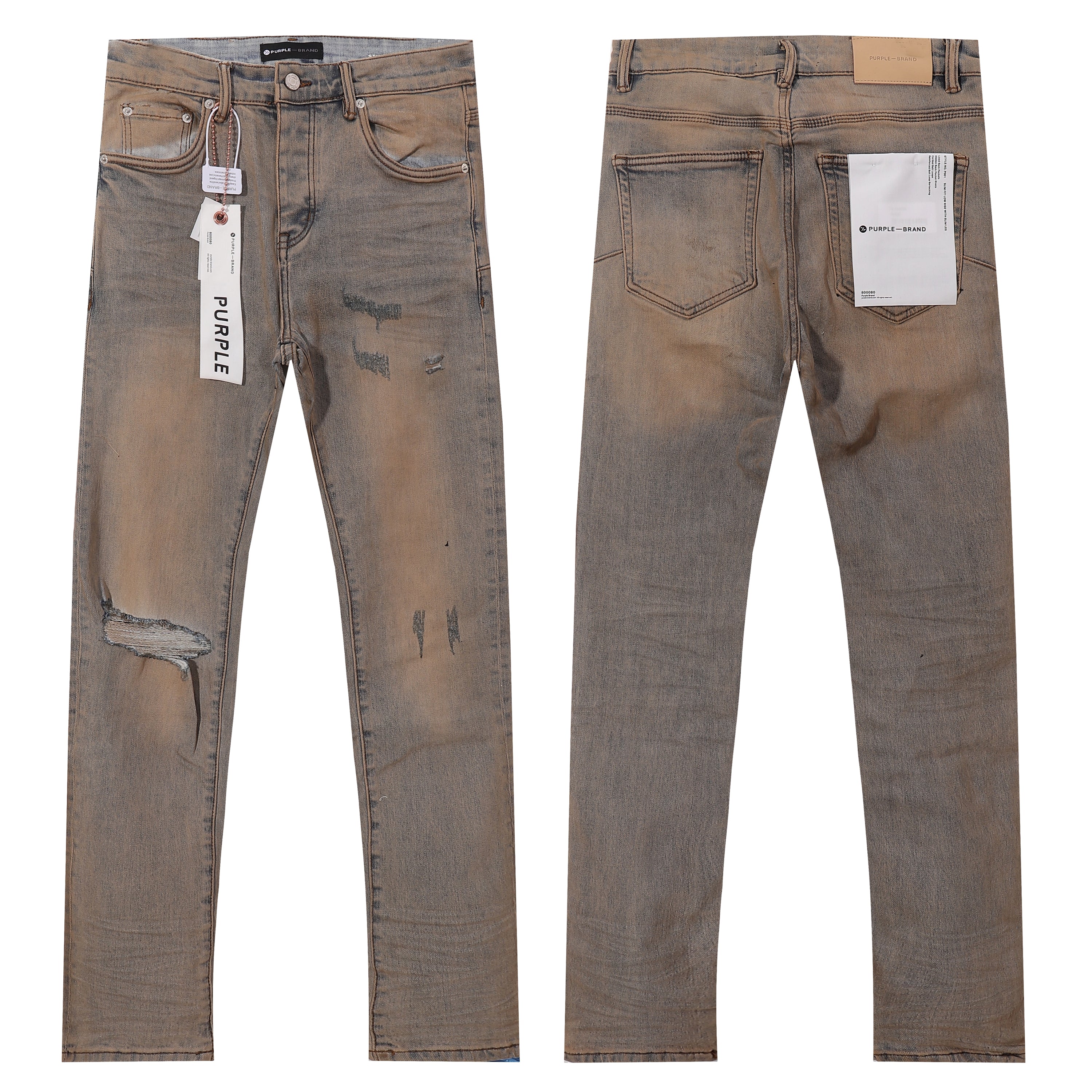 Purple‑Brand Mud Wash Multi‑Ripped Distressed Straight Jeans