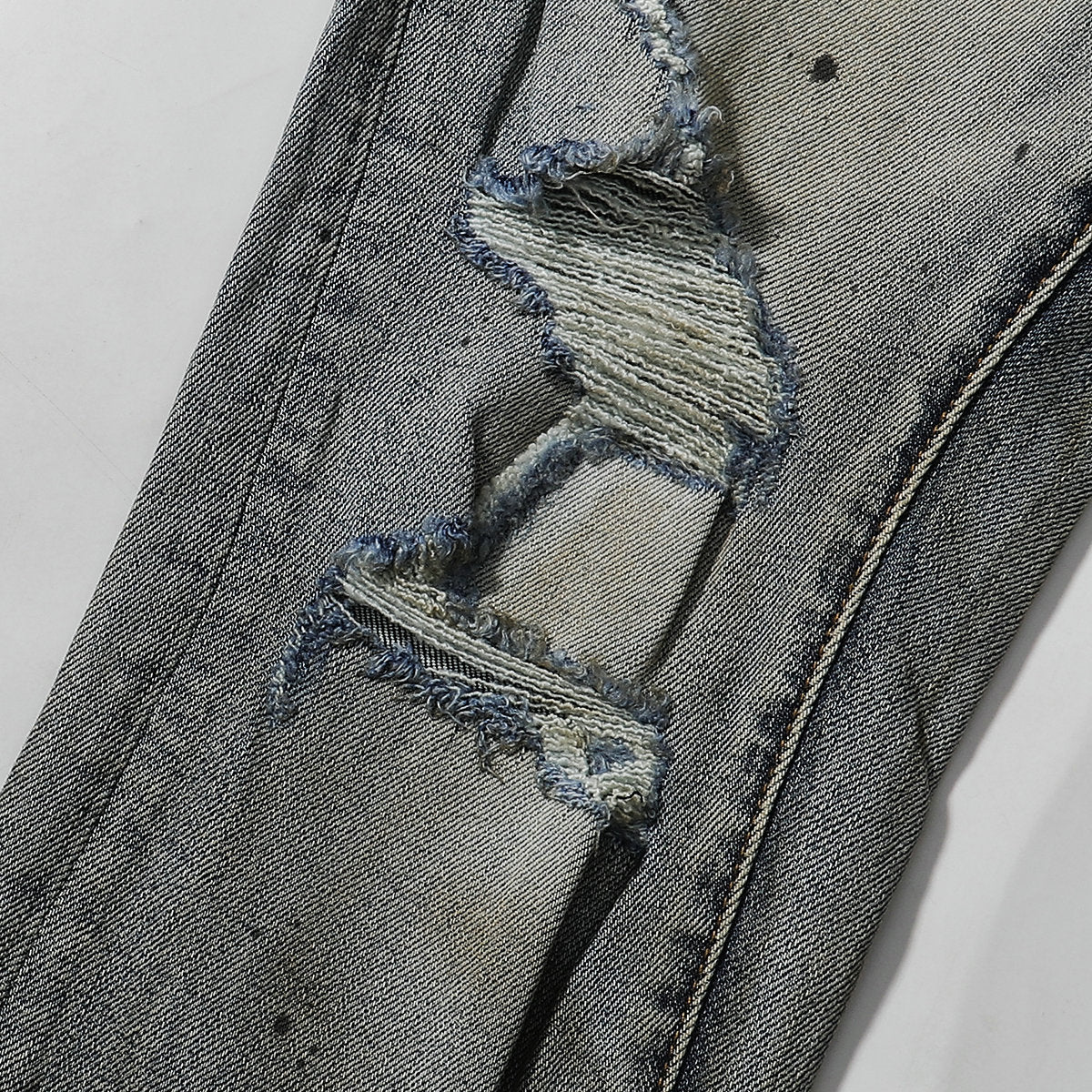 Purple‑Brand Vintage Wash Black Patch Ripped Splatter Straight Leg Jeans