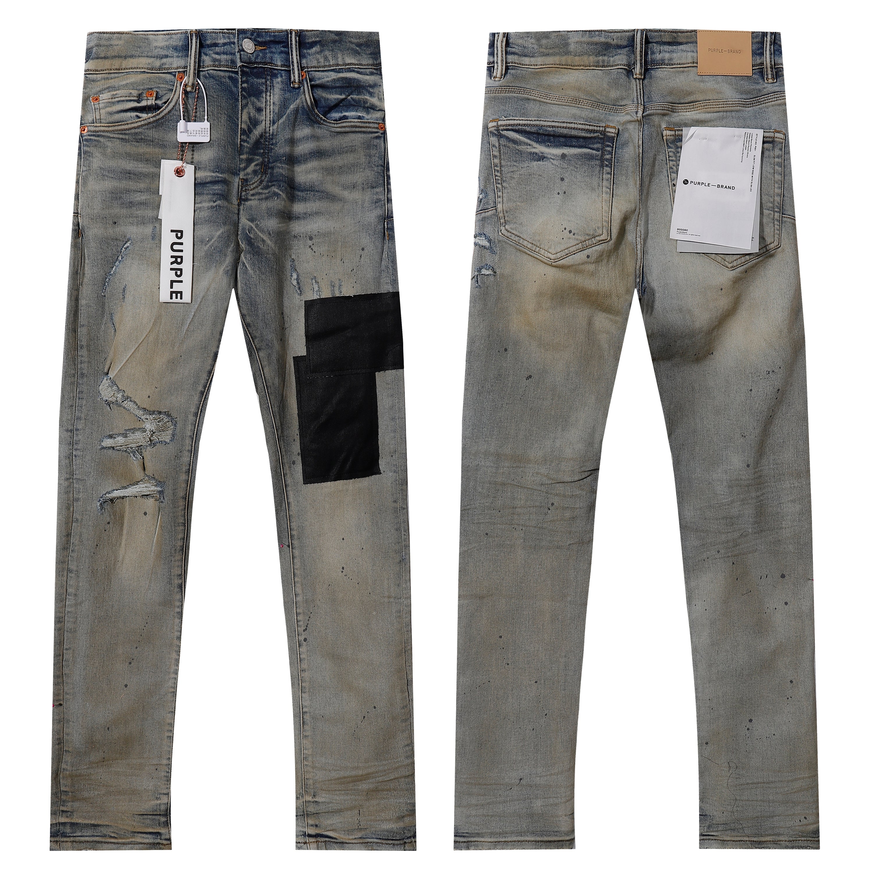 Purple‑Brand Vintage Mud Wash Black Patch Splatter Paint Distressed Straight Leg Jeans