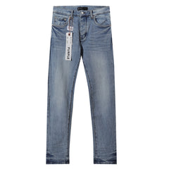 Purple‑Brand Light Blue Crinkle Wash Straight Leg Jeans