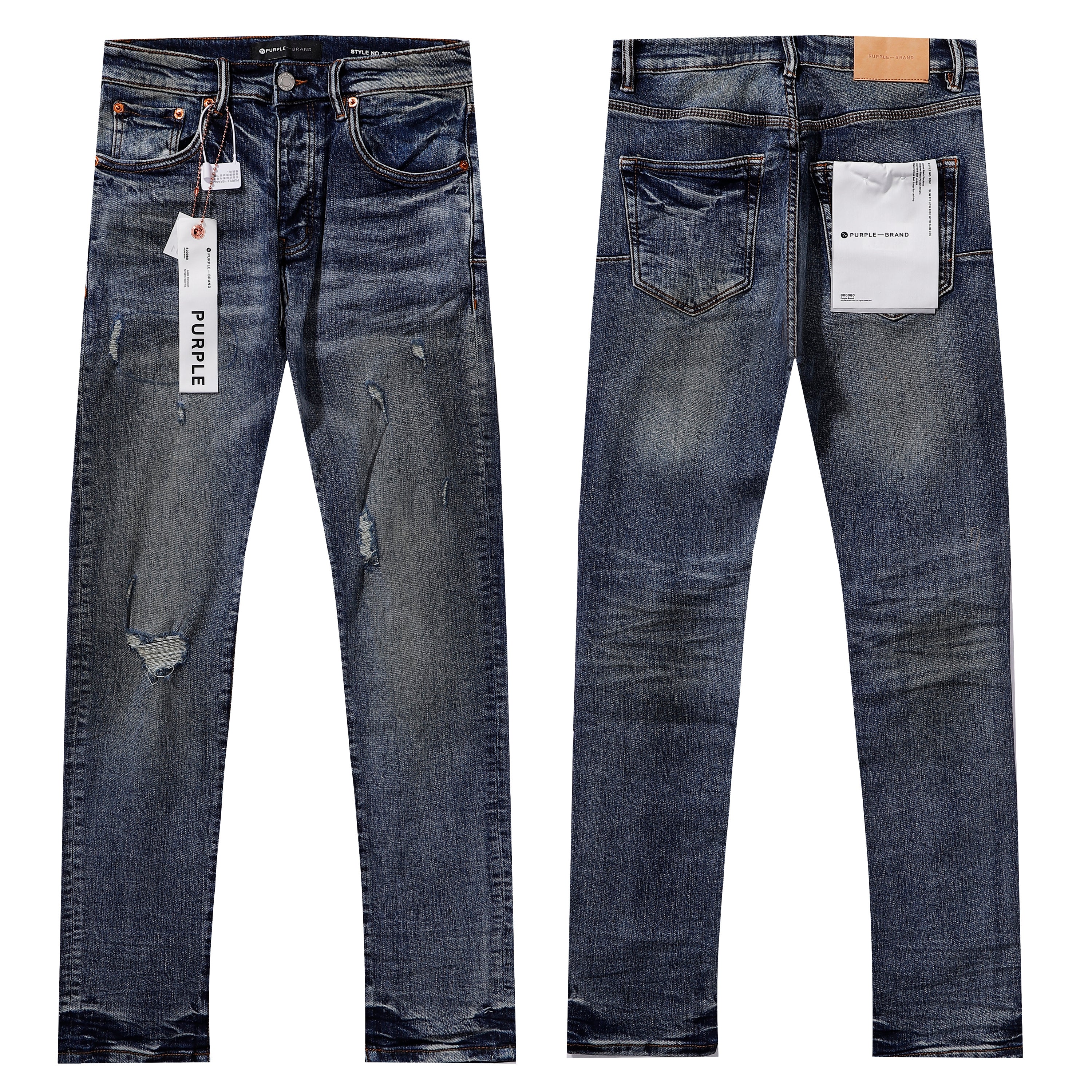 Purple‑Brand Multi‑Spot Distressed Ripped Faded Straight Leg Jeans