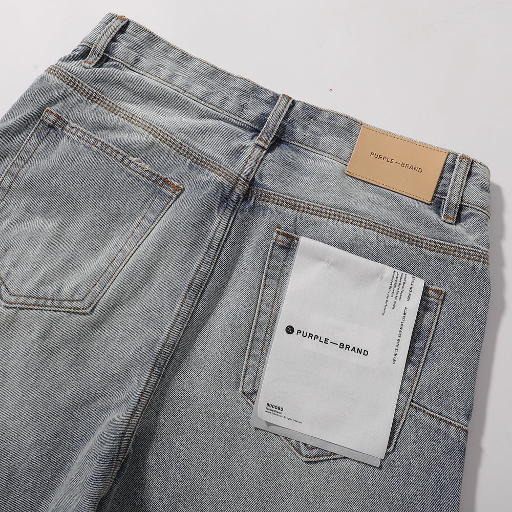 Purple‑Brand Light Acid‑Wash Radial Rhinestone Wide Leg Jeans