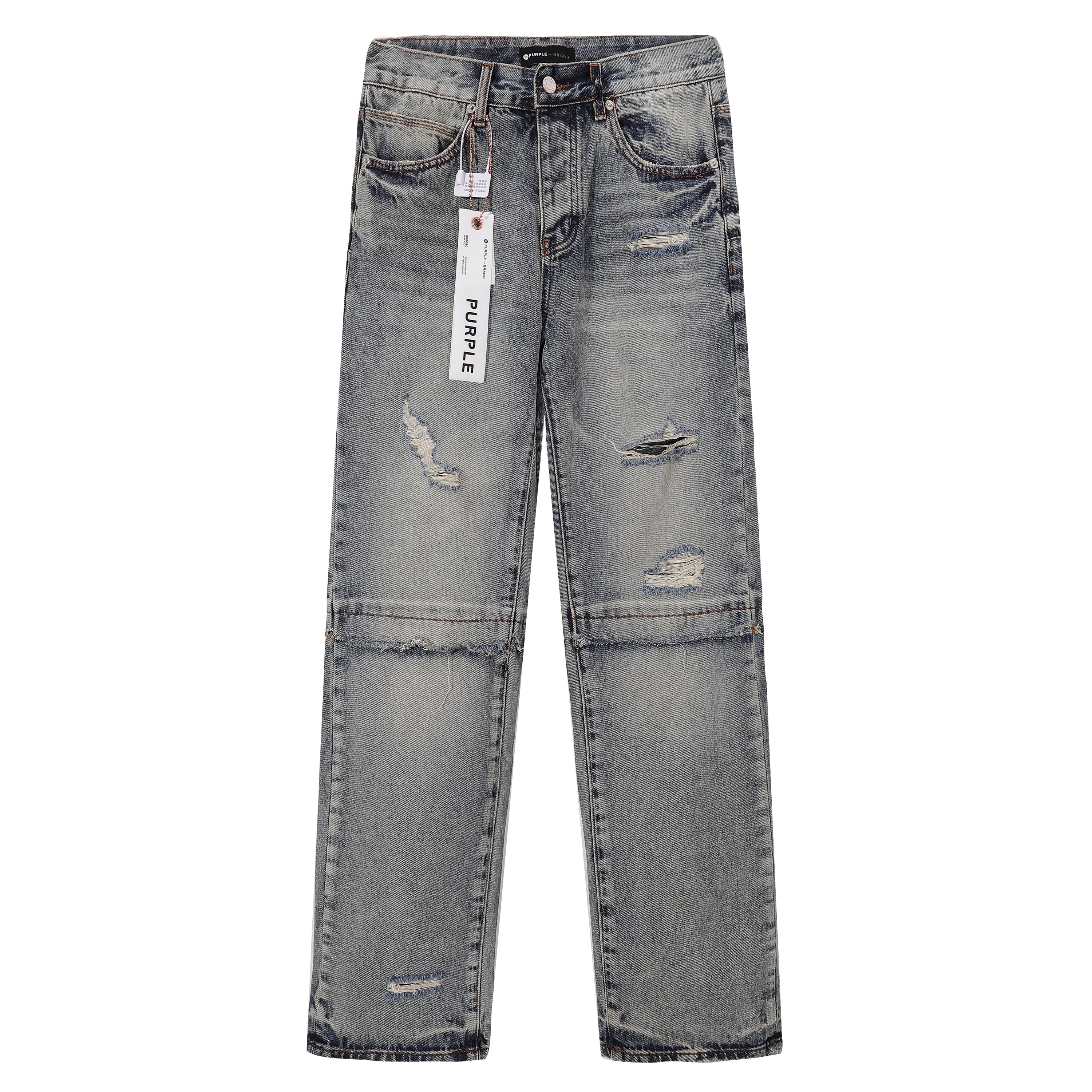 Purple‑Brand Vintage Wash Multi‑Ripped Frayed Seam Patch Wide Leg Jeans