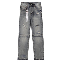 Purple‑Brand Vintage Wash Multi‑Ripped Frayed Seam Patch Wide Leg Jeans