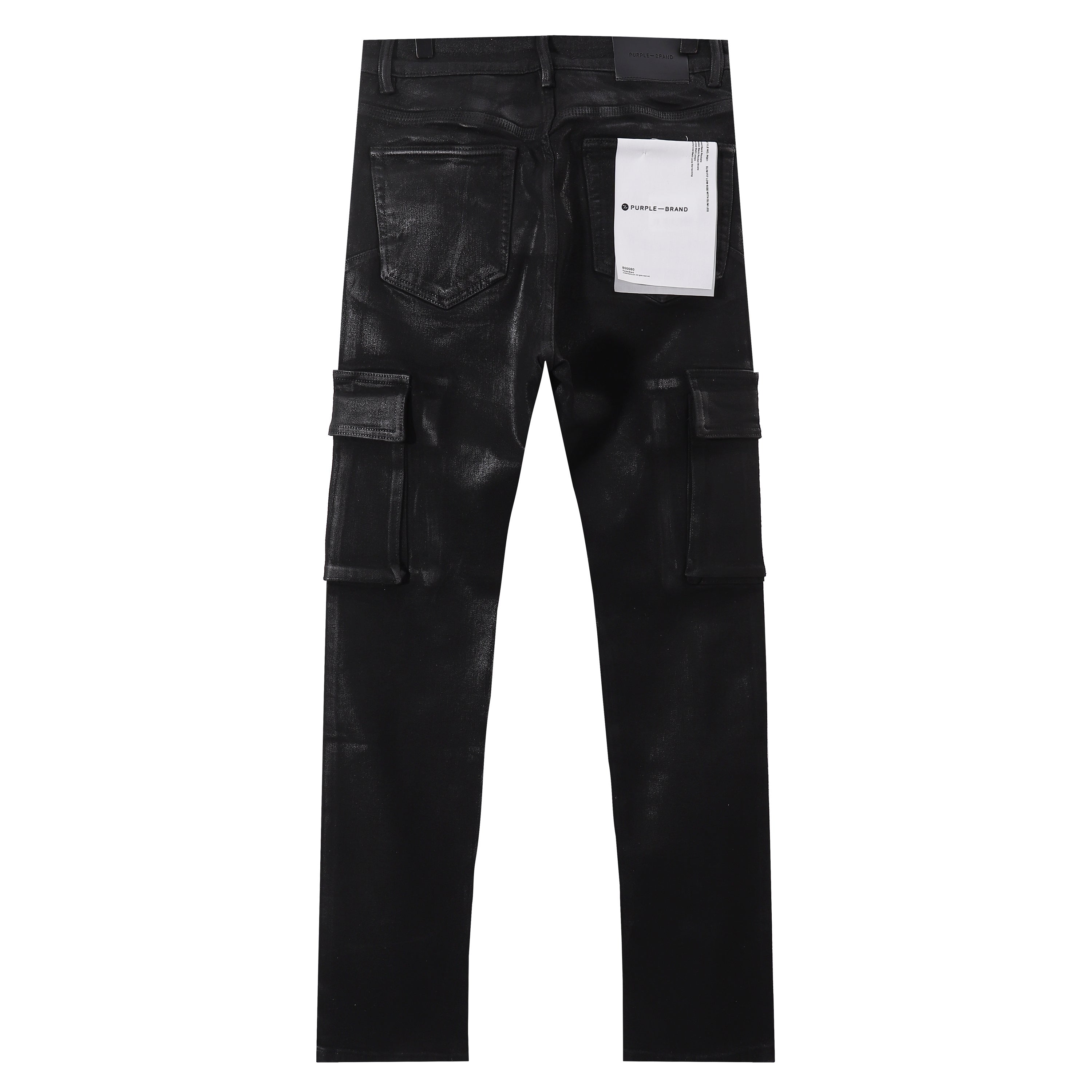 Purple‑Brand Coated Black Cargo Straight Leg Jeans
