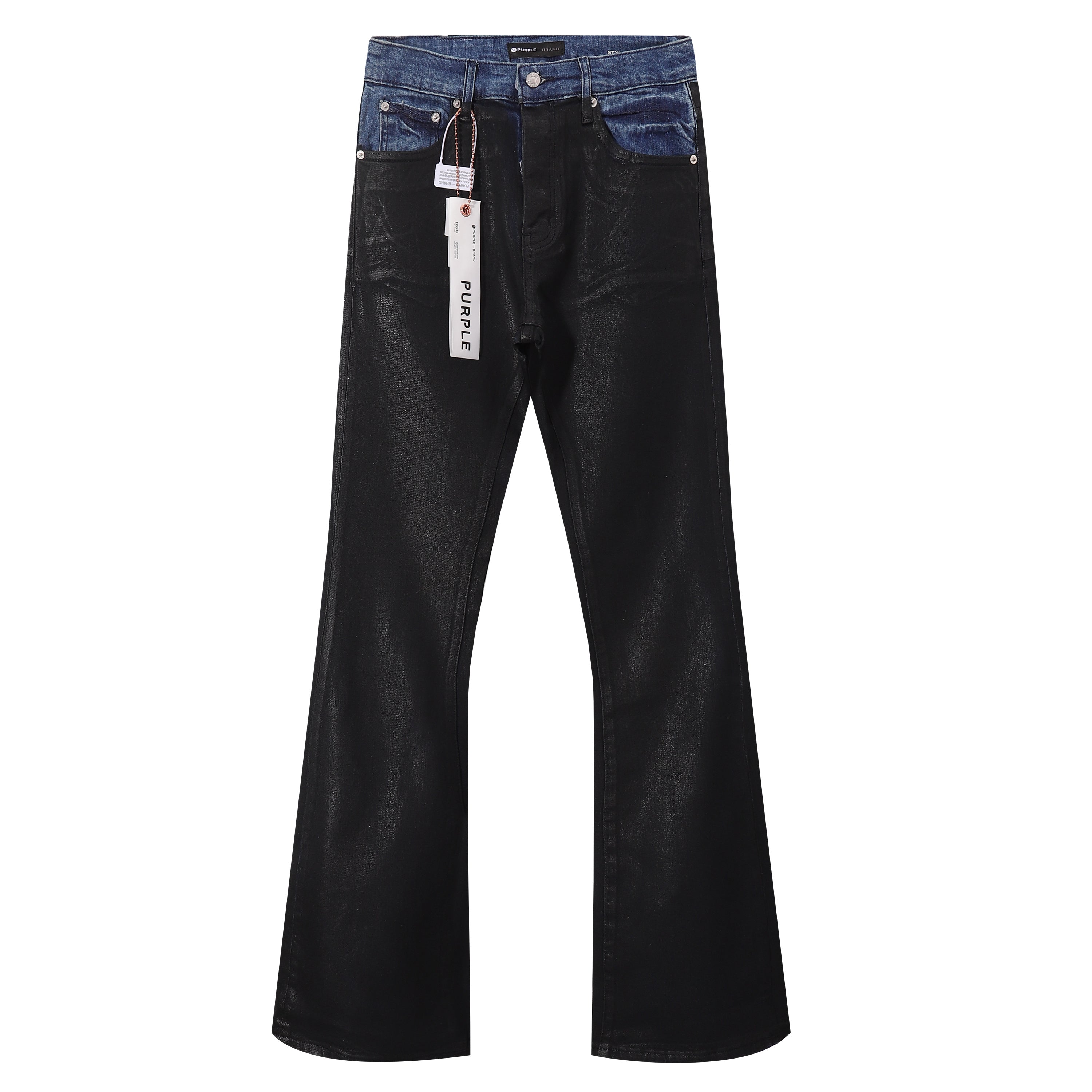 Purple‑Brand Black Coated Contrast Waist Flare Jeans