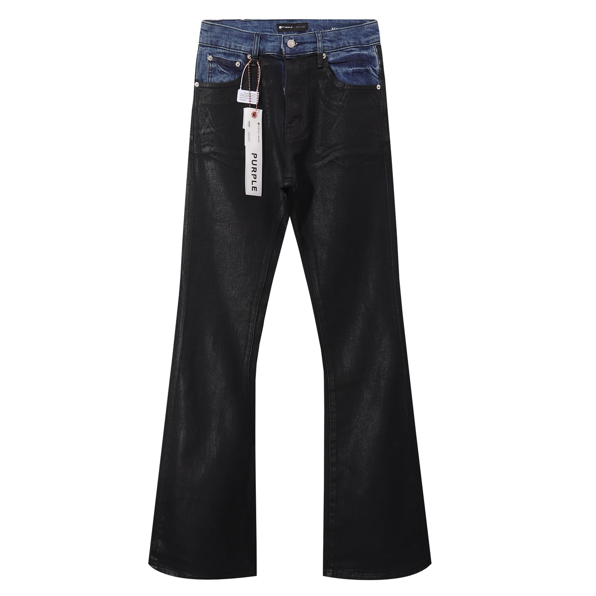 Purple‑Brand Black Coated Contrast Waist Flare Jeans
