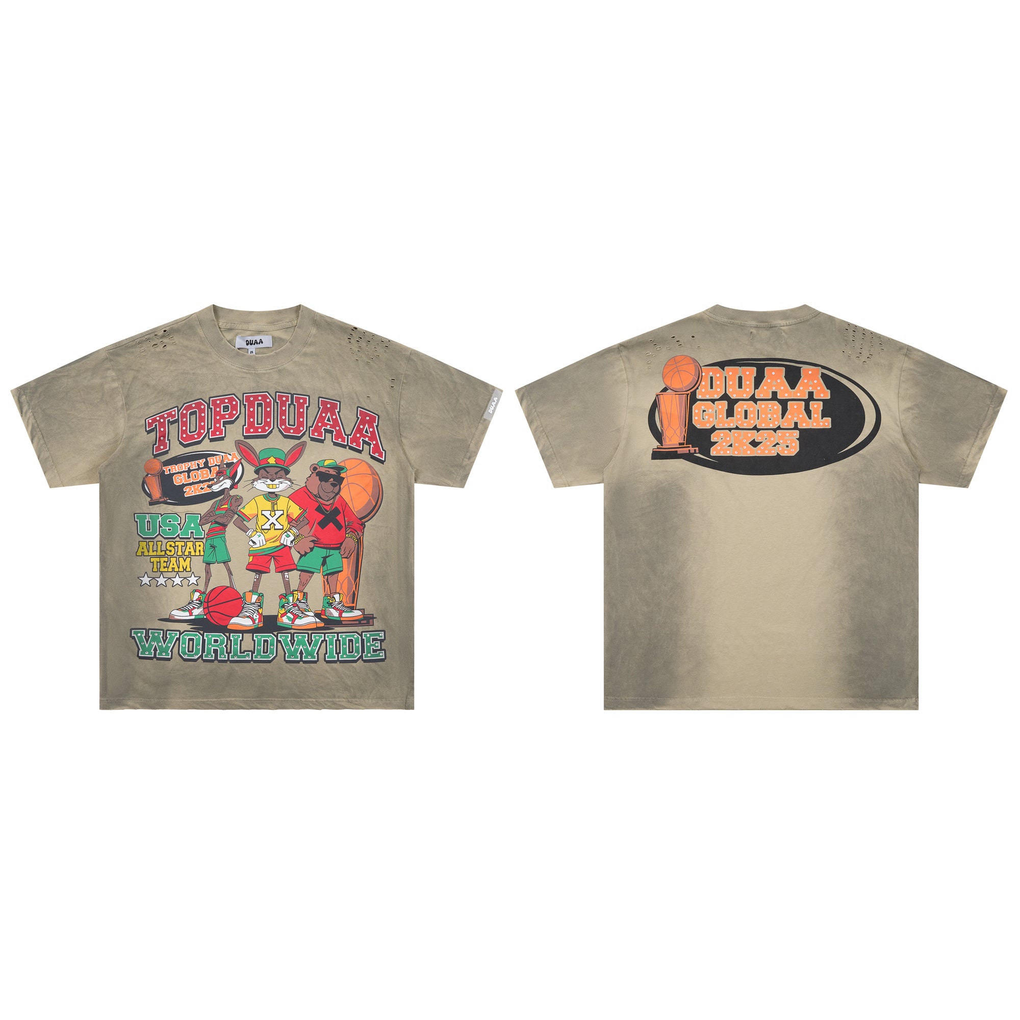 TOP DUAA USA Allstar Basketball Cartoon Vintage Khaki Distressed Washed T-Shirt