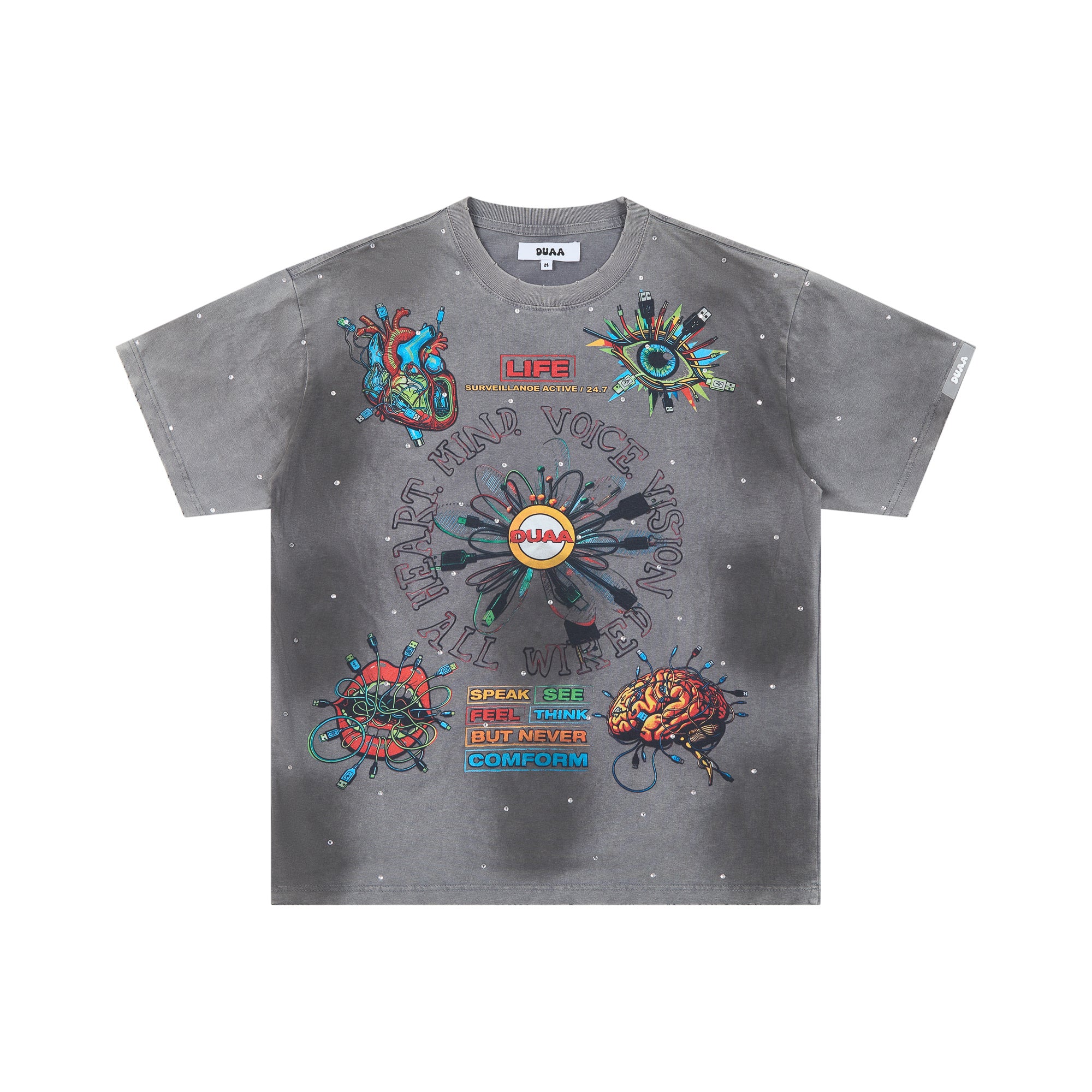 DUAA All Wired Psychedelic Organ Graphic Vintage Grey Cloud Washed T-Shirt