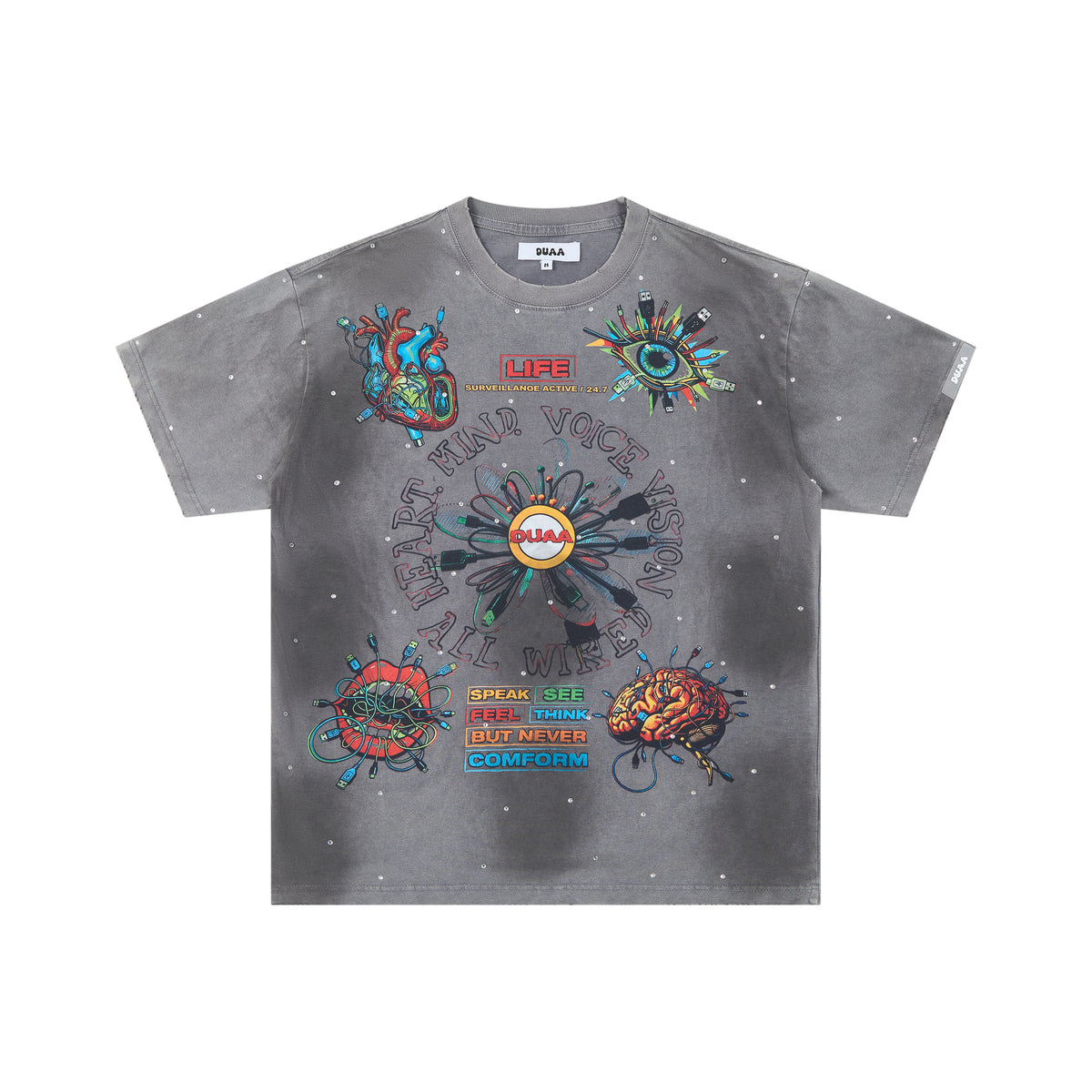 DUAA All Wired Psychedelic Organ Graphic Vintage Grey Cloud Washed T-Shirt