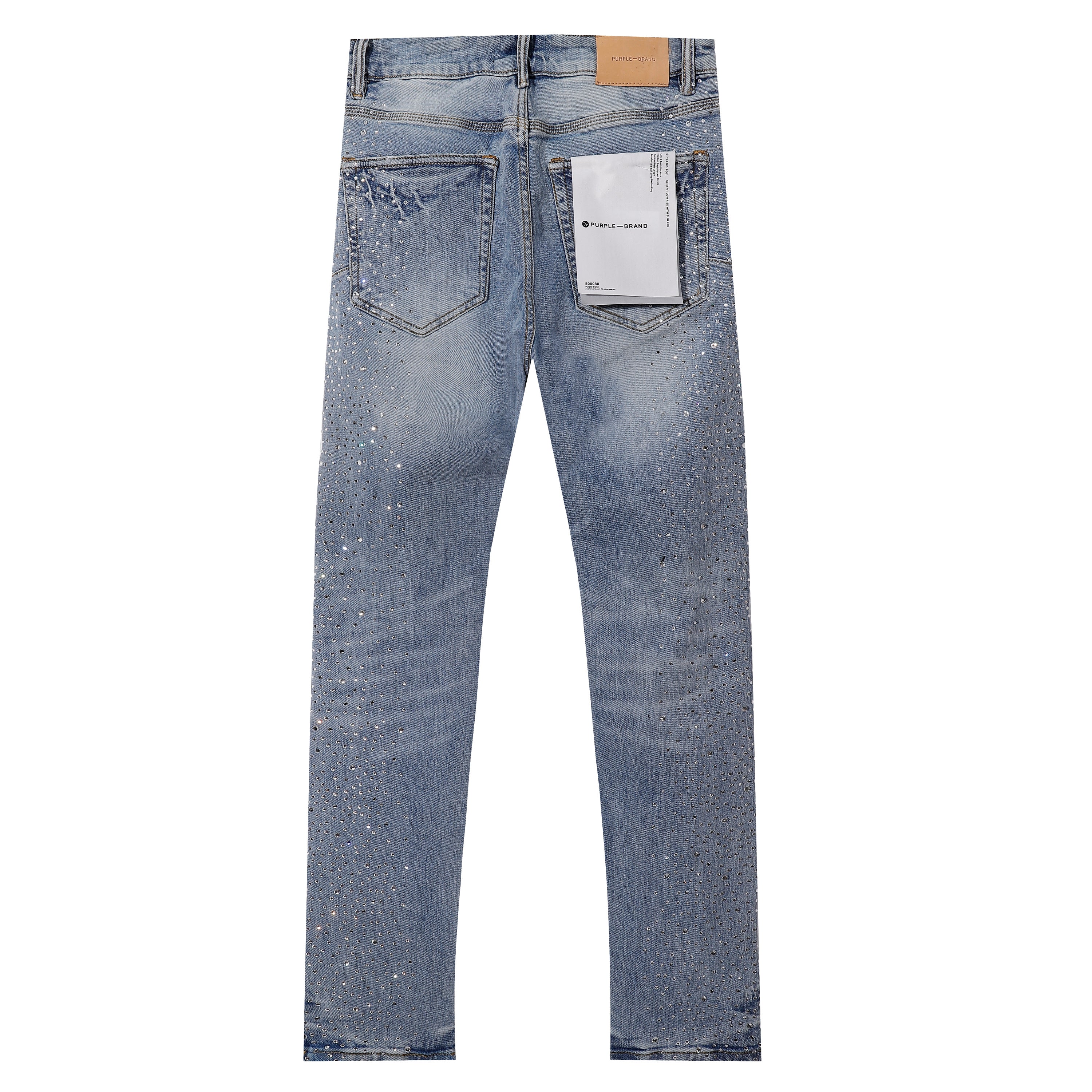 Purple‑Brand Light Wash Full Rhinestone Patch Distressed Straight Leg Jeans