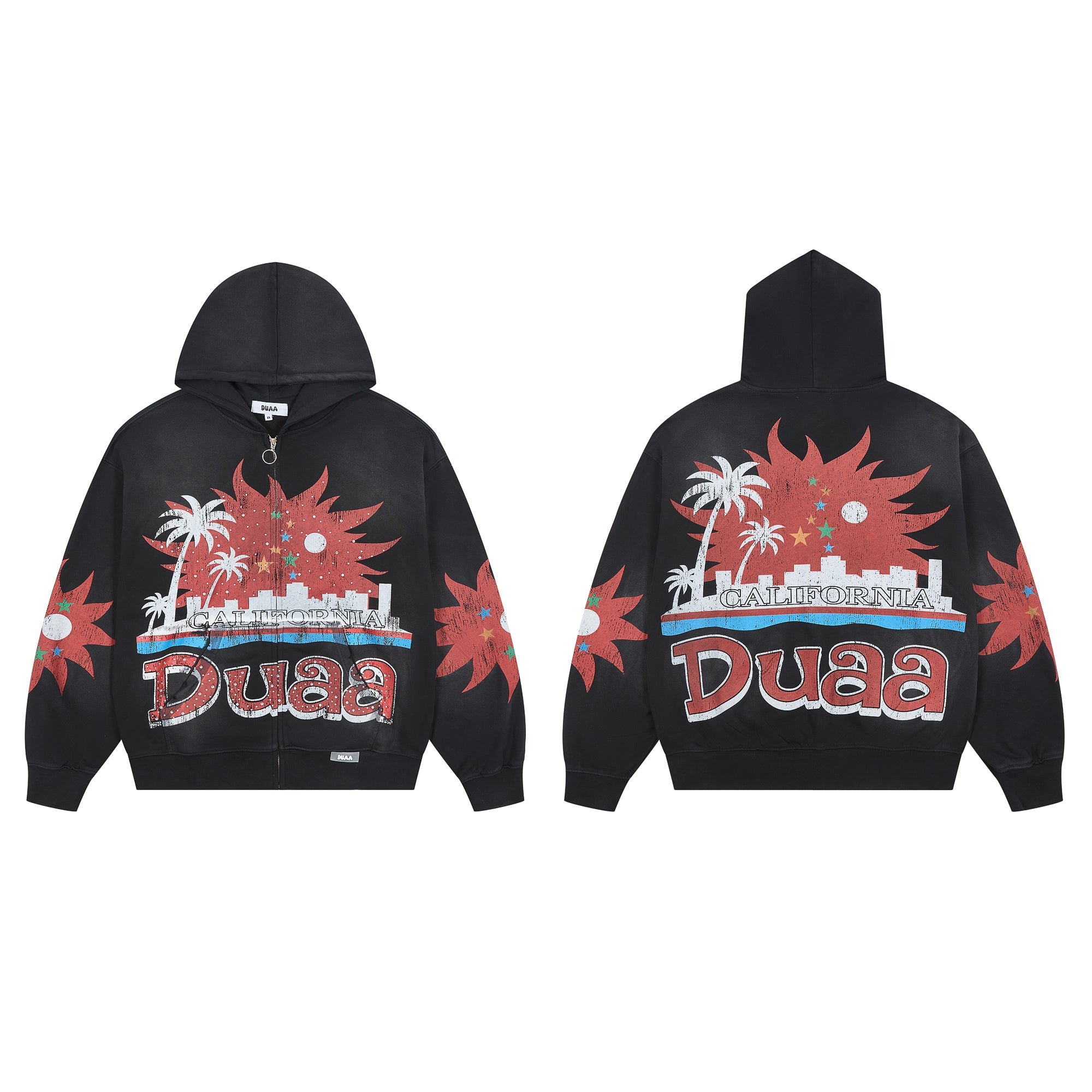 DUAA California Palm Tree Vintage Washed Black Zip Up Hoodie