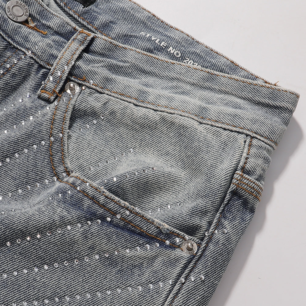 Purple‑Brand Light Acid‑Wash Radial Rhinestone Wide Leg Jeans