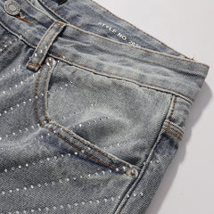 Purple‑Brand Light Wash Radial Rhinestone Straight Jeans