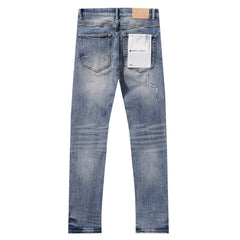 Purple‑Brand Light Blue Multi‑Patch Repair Distressed Straight Leg Jeans