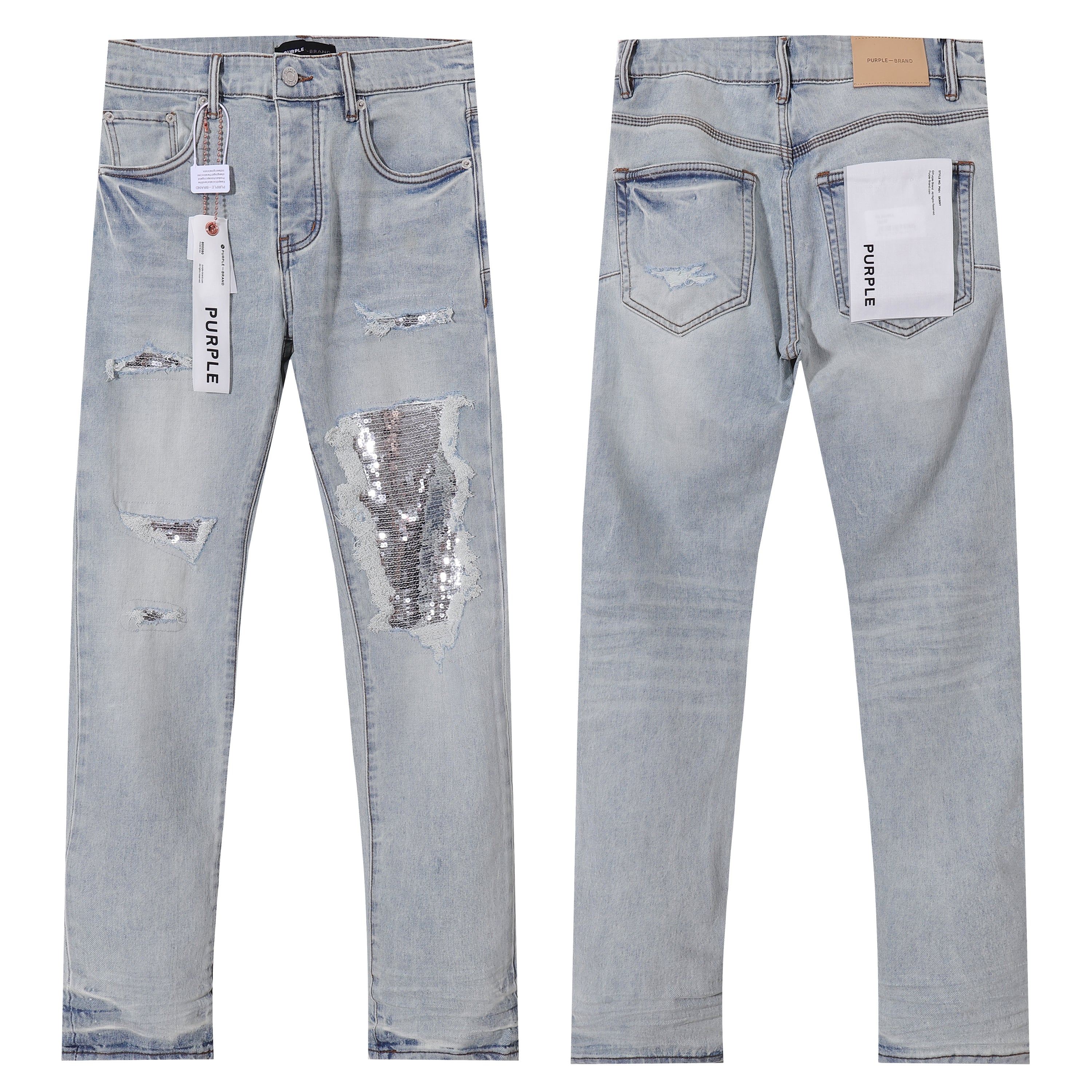 Purple‑Brand Men Light Wash Straight Jeans Sequin Patch Ripped Distressed Denim Pants Streetwear Trousers