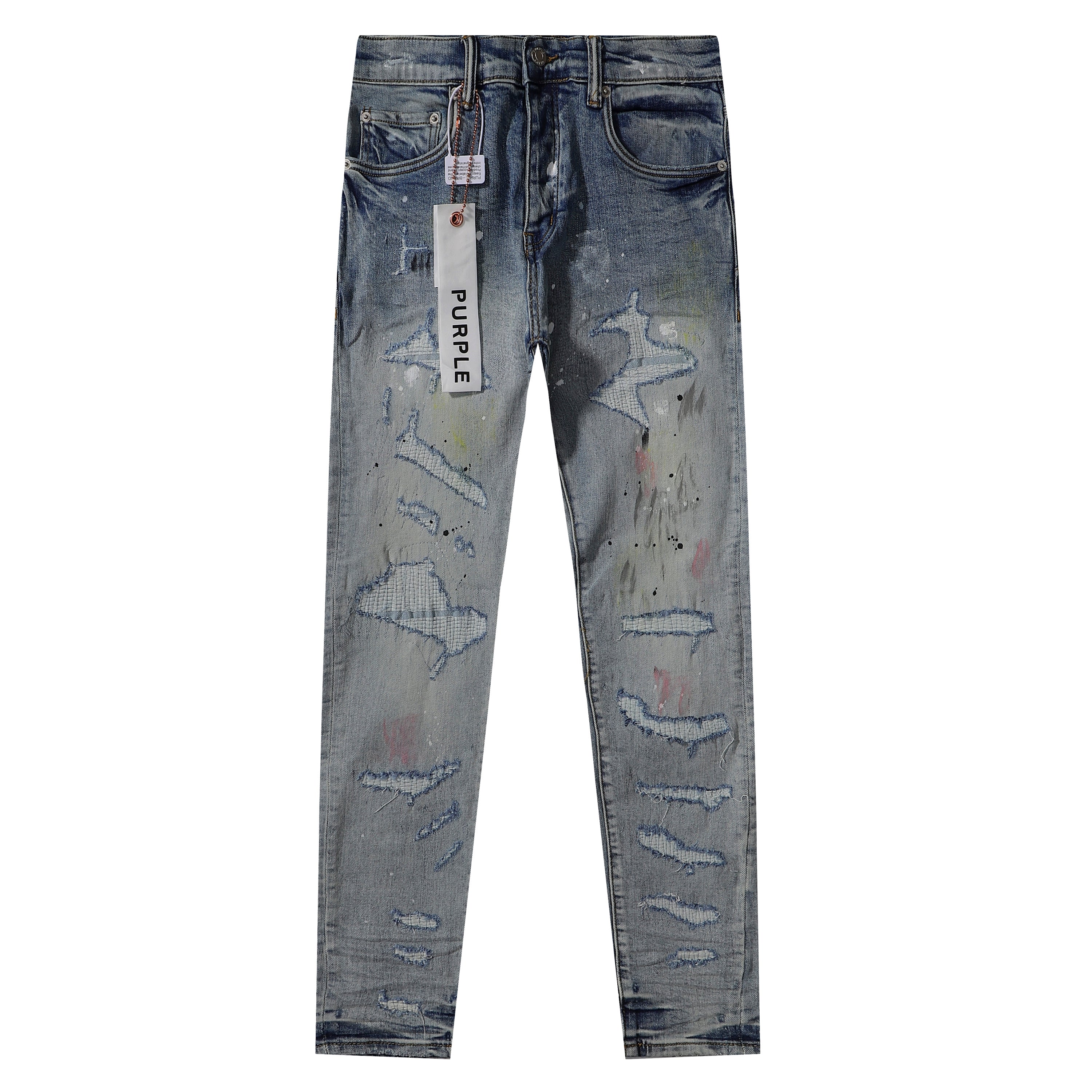 Purple‑Brand Heavy Distressed Ripped Paint Splatter Straight Leg Jeans