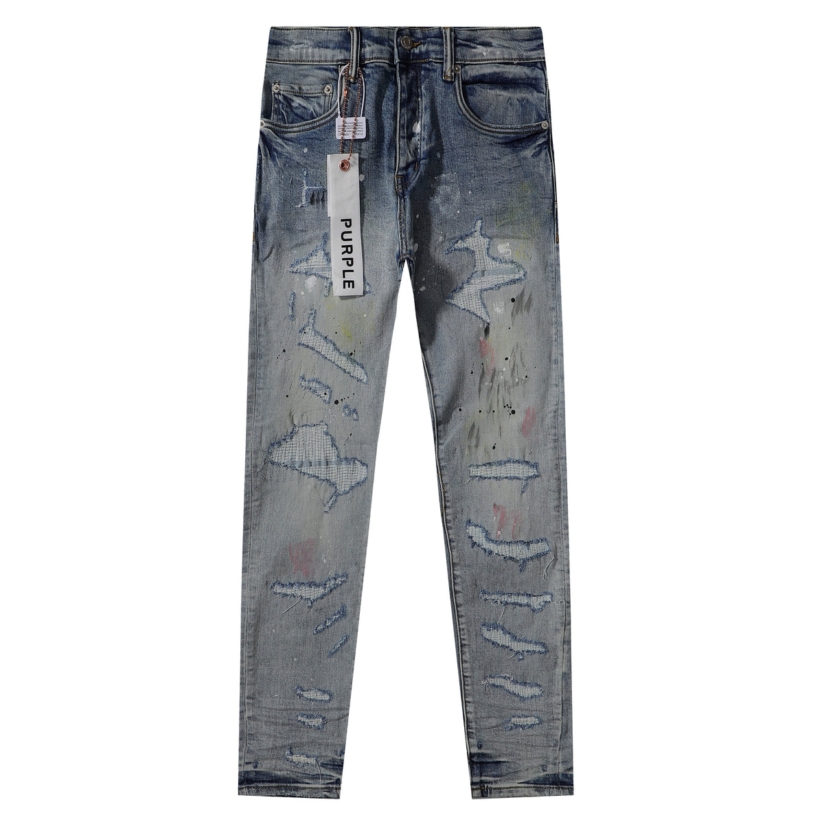 Purple‑Brand Heavy Distressed Ripped Paint Splatter Straight Leg Jeans