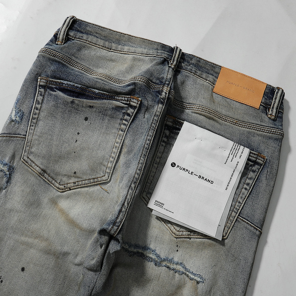 Purple‑Brand Vintage Wash Black Patch Ripped Splatter Straight Leg Jeans