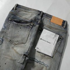 Purple‑Brand Vintage Wash Black Patch Ripped Splatter Straight Leg Jeans