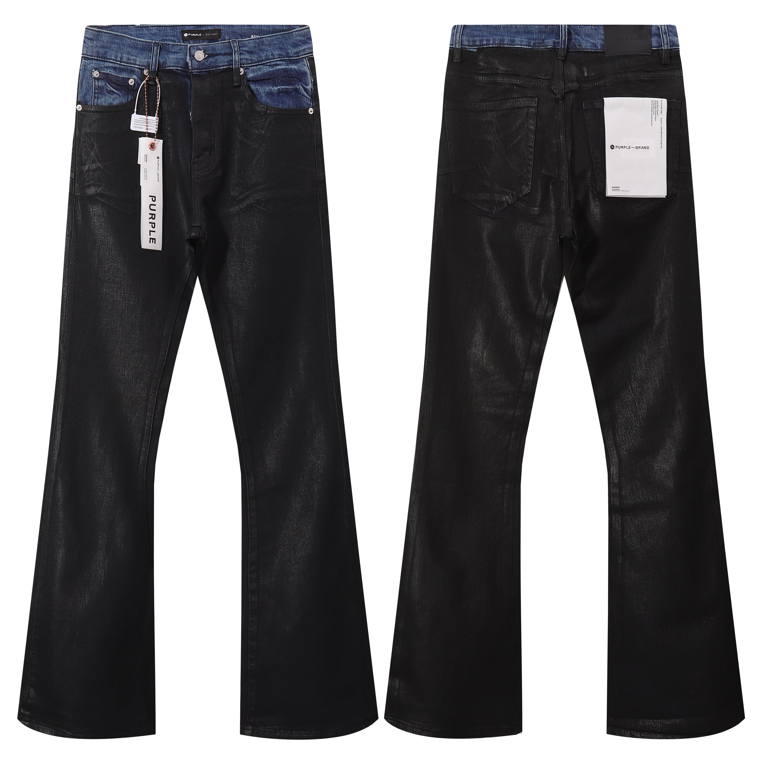 Purple‑Brand Black Coated Contrast Waist Flare Jeans