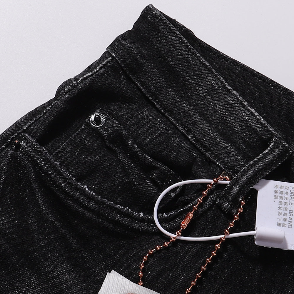 Purple‑Brand Black Washed Big Ripped Repair Patch Straight Leg Jeans