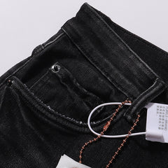 Purple‑Brand Black Washed Big Ripped Repair Patch Straight Leg Jeans