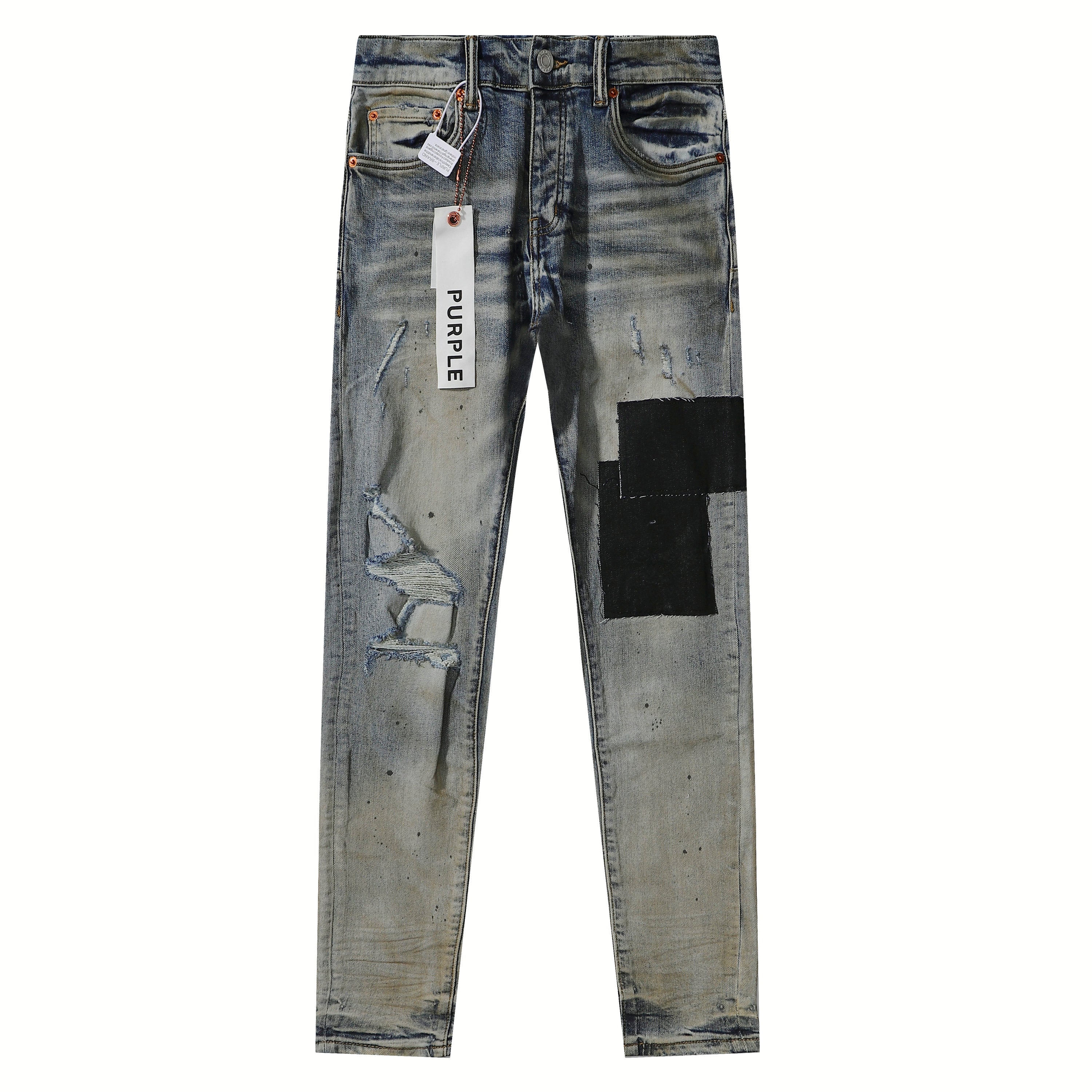 Purple‑Brand Vintage Wash Black Patch Ripped Splatter Straight Leg Jeans