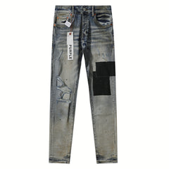 Purple‑Brand Vintage Wash Black Patch Ripped Splatter Straight Leg Jeans