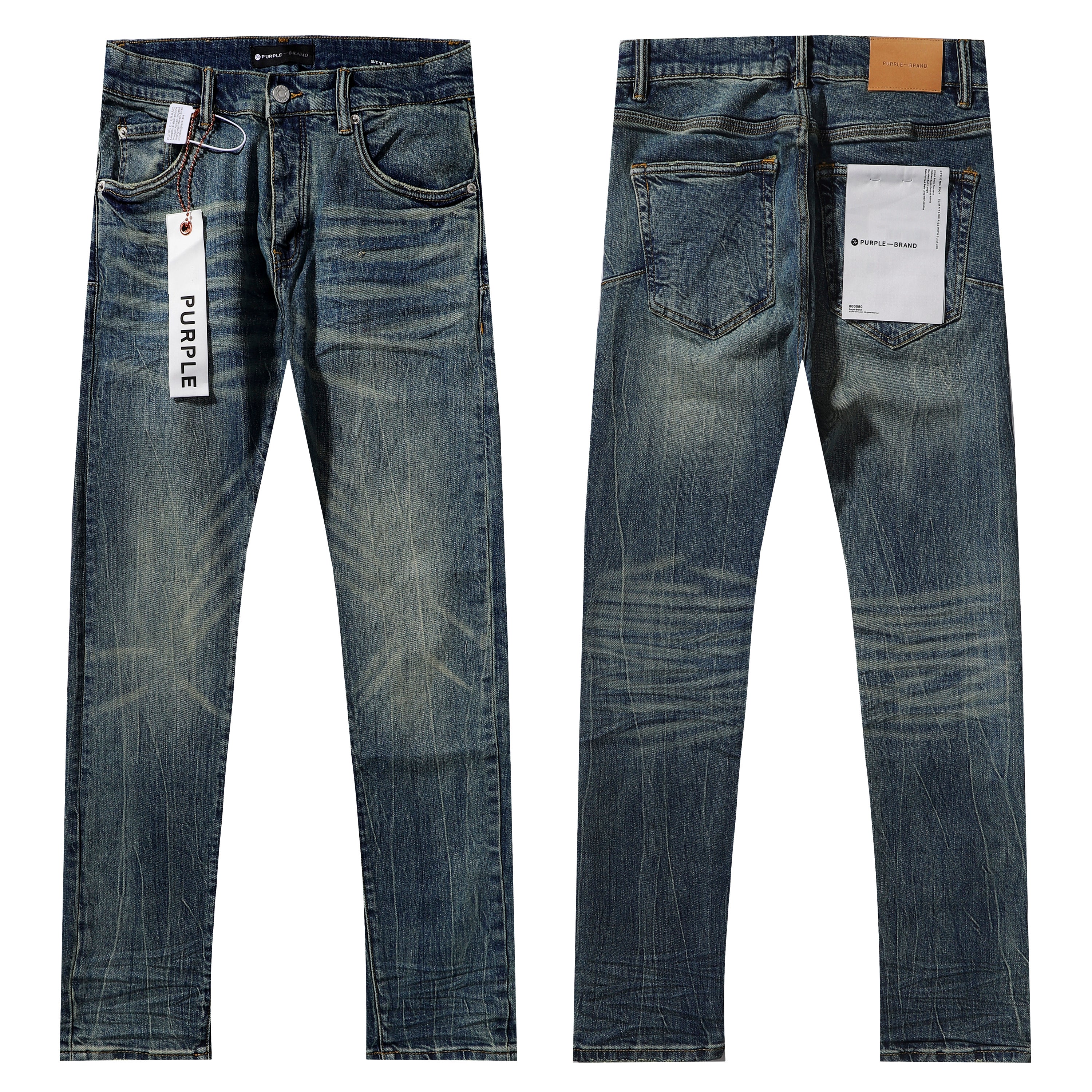 Purple‑Brand Vintage Blue Heavy Hand Whisker Crease Straight Leg Jeans