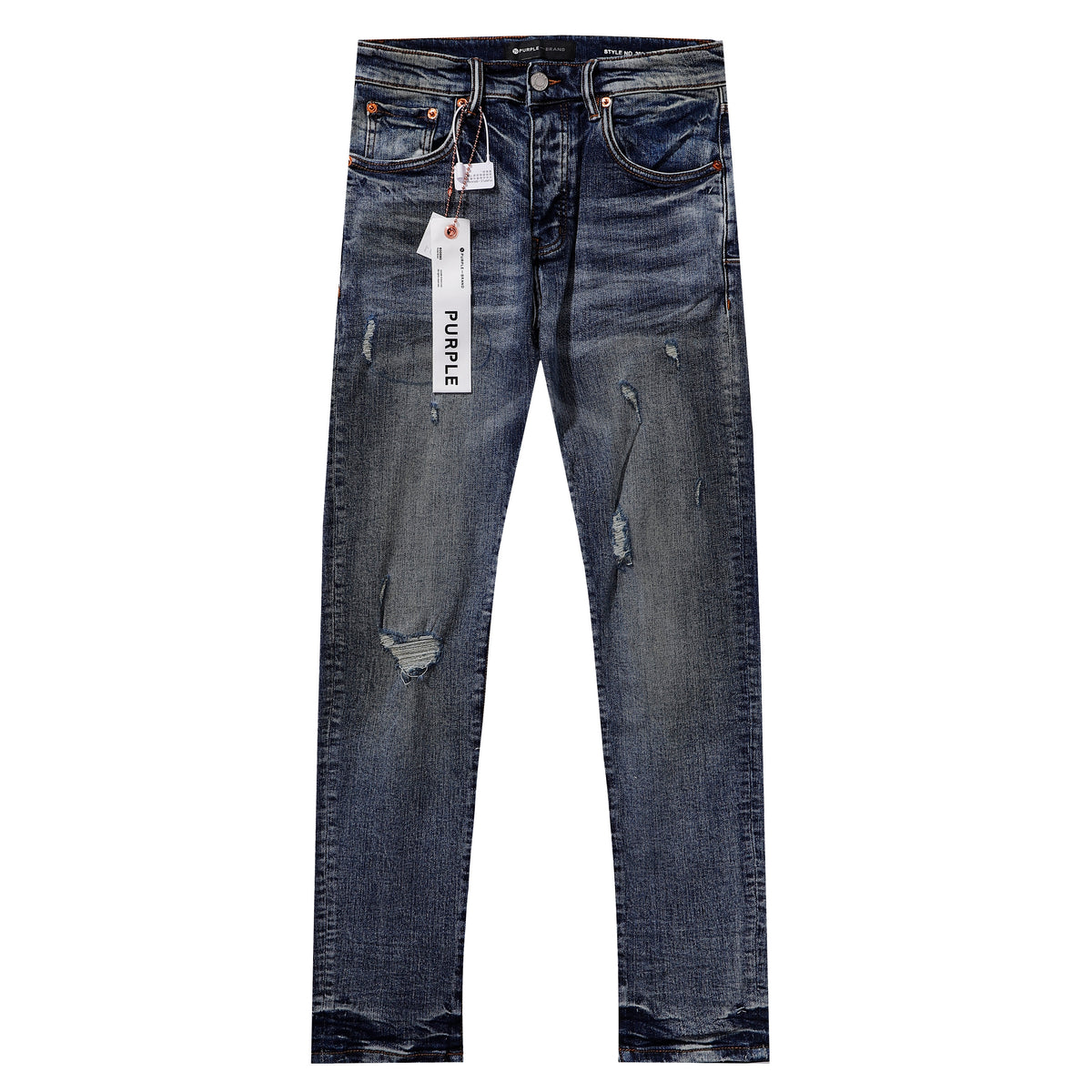Purple‑Brand Multi‑Spot Distressed Ripped Faded Straight Leg Jeans
