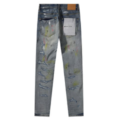 Purple‑Brand Heavy Distressed Ripped Paint Splatter Straight Leg Jeans