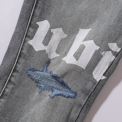Ksubi Gothic Letter Shark Embroidery Grey Wash Slim Jeans