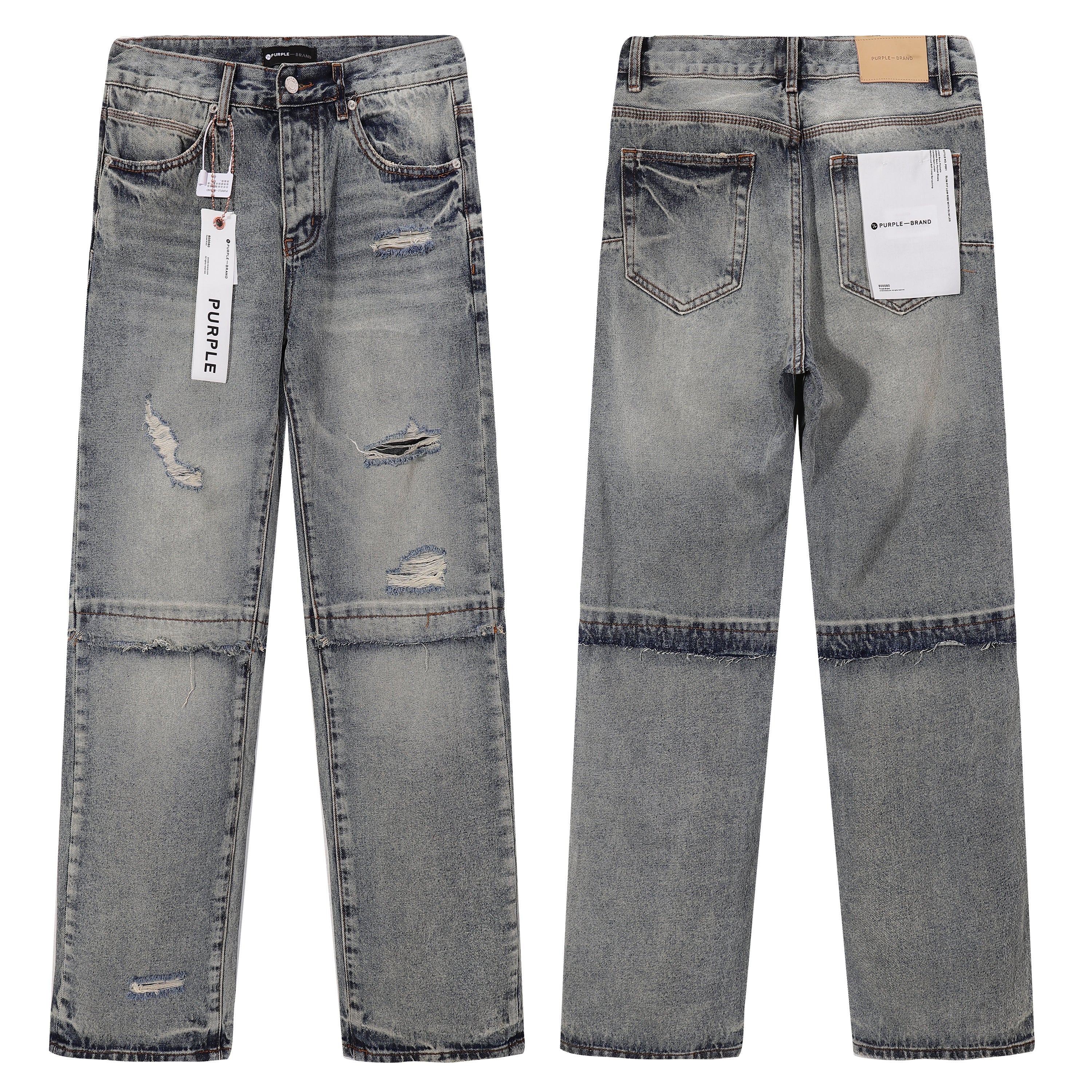 Purple‑Brand Vintage Wash Multi‑Ripped Frayed Seam Patch Wide Leg Jeans