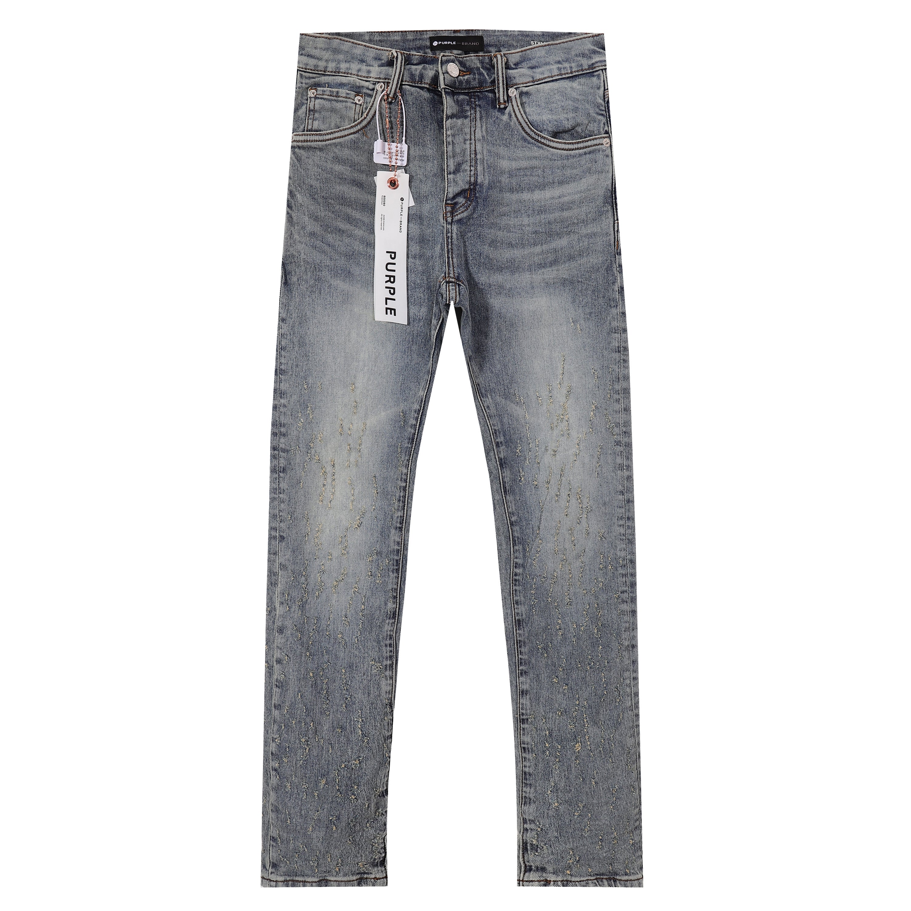 Purple‑Brand Light Vintage Wash All‑Over Abrasion Scratch Straight Jeans